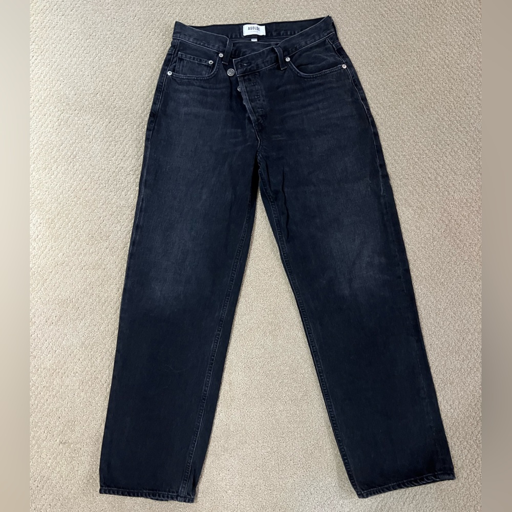 AGOLDE black criss cross ankle length straight leg jeans